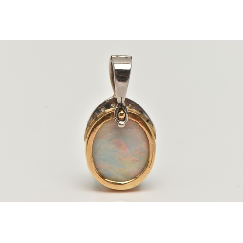 49 - AN OPAL AND DIAMOND PENDANT, a large oval cabochon opal, collet set in yellow metal, leading on to a... 