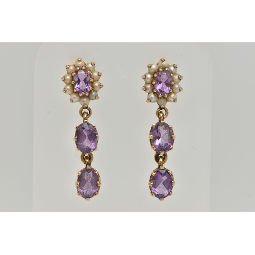 50 - A PAIR OF YELLOW METAL AMETHYST AND SPLIT PEARL EARRINGS, comprised of an oval cut amethyst, prong s... 