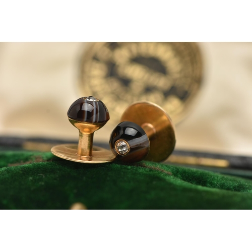 51 - A PAIR OF BANDED AGATE AND DIAMOND DRESS STUDS, round cabochon banded agate centrally set with an ol... 