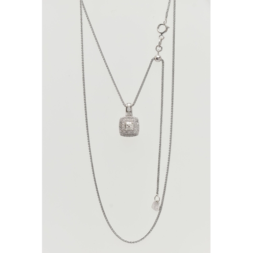 54 - A 9CT WHITE GOLD DIAMOND NECKLACE, a principally set princess cut diamond, set with a double halo of... 