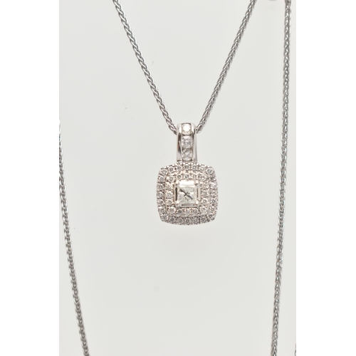 54 - A 9CT WHITE GOLD DIAMOND NECKLACE, a principally set princess cut diamond, set with a double halo of... 