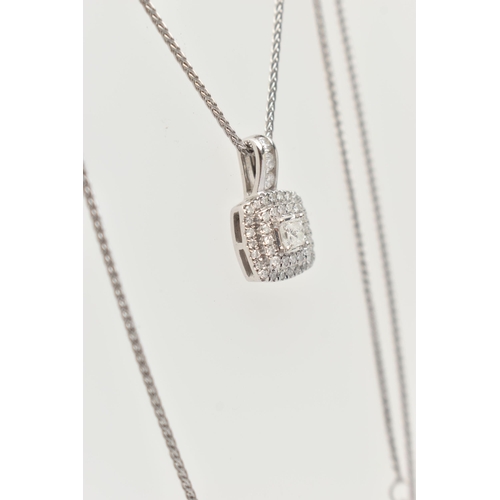 54 - A 9CT WHITE GOLD DIAMOND NECKLACE, a principally set princess cut diamond, set with a double halo of... 