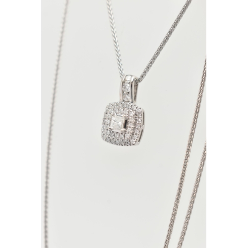 54 - A 9CT WHITE GOLD DIAMOND NECKLACE, a principally set princess cut diamond, set with a double halo of... 