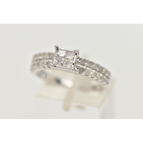 55 - A 9CT WHITE GOLD DIAMOND RING, four princess cut diamonds in an invisible setting leading on to spli... 