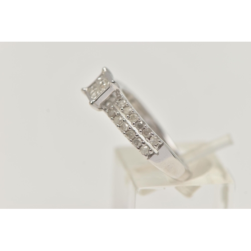 55 - A 9CT WHITE GOLD DIAMOND RING, four princess cut diamonds in an invisible setting leading on to spli... 