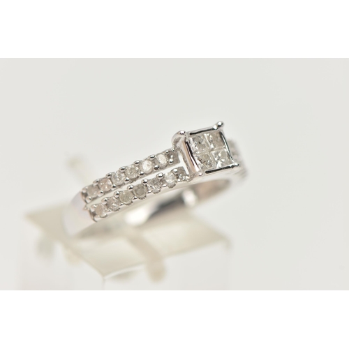 55 - A 9CT WHITE GOLD DIAMOND RING, four princess cut diamonds in an invisible setting leading on to spli... 