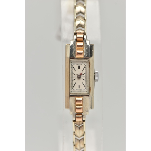 56 - A 9CT GOLD LADYS COCKTAIL WATCH, hand wound movement, rectangular dial, baton markers, white and yel... 