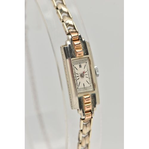 56 - A 9CT GOLD LADYS COCKTAIL WATCH, hand wound movement, rectangular dial, baton markers, white and yel... 