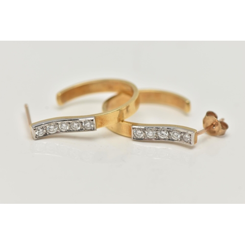 57 - A PAIR OF YELLOW METAL AND DIAMOND HOOP EARRINGS, five round brilliant cut diamonds, grain set in wh... 