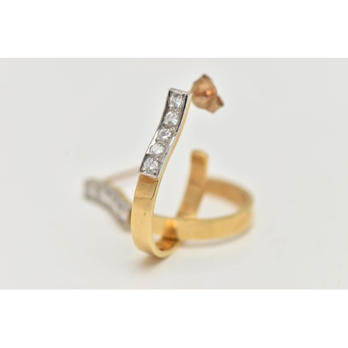 57 - A PAIR OF YELLOW METAL AND DIAMOND HOOP EARRINGS, five round brilliant cut diamonds, grain set in wh... 