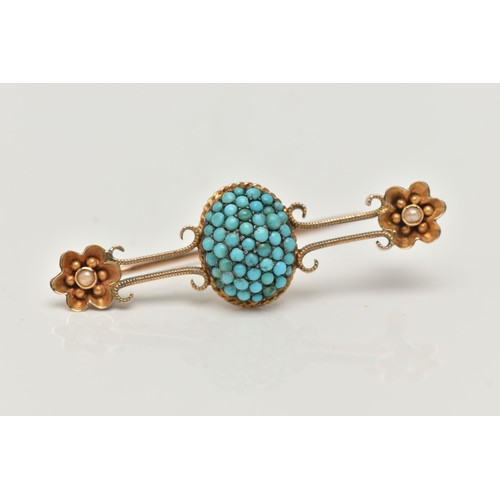 58 - A VICTORIAN TURQUOISE BROOCH, a principally positioned pave set turquoise dome, leading on to scroll... 