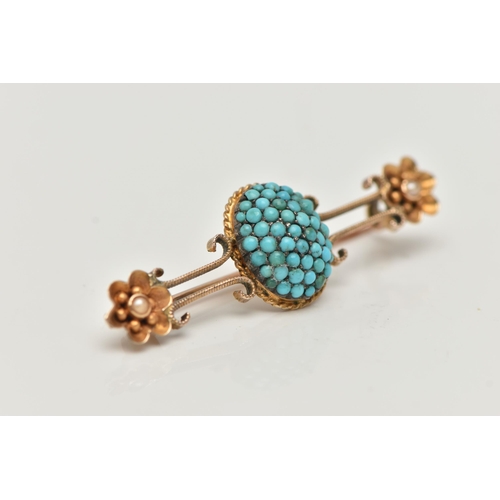 58 - A VICTORIAN TURQUOISE BROOCH, a principally positioned pave set turquoise dome, leading on to scroll... 