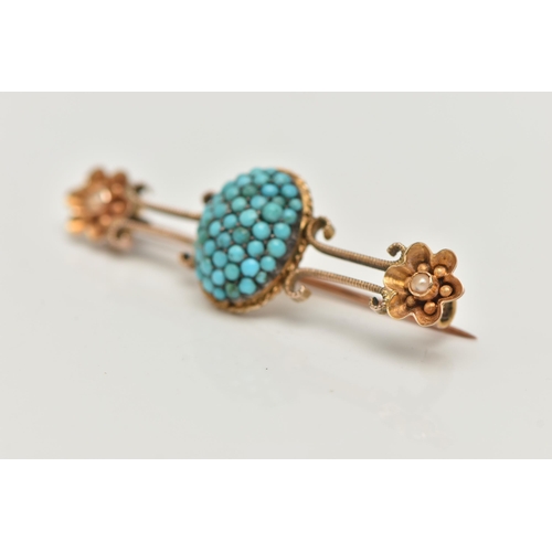 58 - A VICTORIAN TURQUOISE BROOCH, a principally positioned pave set turquoise dome, leading on to scroll... 