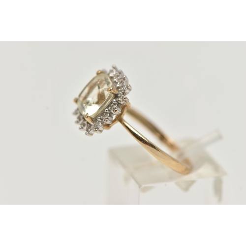 60 - A 9CT GOLD GEM SET RING, a square cut light yellow quartz, set with a halo of single cut diamonds, h... 