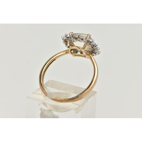 60 - A 9CT GOLD GEM SET RING, a square cut light yellow quartz, set with a halo of single cut diamonds, h... 