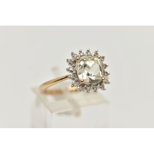 60 - A 9CT GOLD GEM SET RING, a square cut light yellow quartz, set with a halo of single cut diamonds, h... 