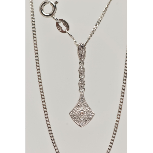 61 - A 9CT WHITE GOLD DIAMOND NECKLACE, eight round brilliant cut diamonds grain set in a drop pendant, s... 