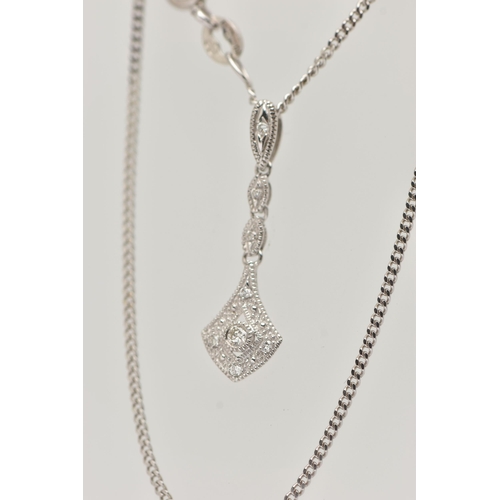 61 - A 9CT WHITE GOLD DIAMOND NECKLACE, eight round brilliant cut diamonds grain set in a drop pendant, s... 