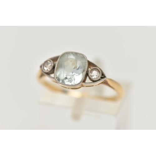 70 - AN AQUAMARINE AND DIAMOND RING, set with a central cushion cut aquamarine, in a milgrain setting, fl... 