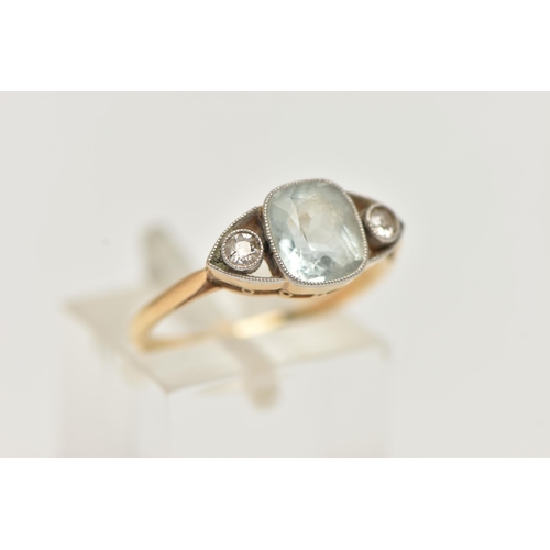 70 - AN AQUAMARINE AND DIAMOND RING, set with a central cushion cut aquamarine, in a milgrain setting, fl... 