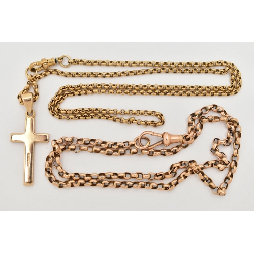 8 - TWO CHAINS AND A CROSS PENDANT, both belcher link chains with lobster claw clasps, one suspending a ... 