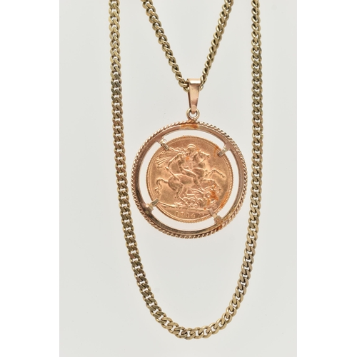 9 - A SOVEREIGN PENDANT AND CHAIN, designed as a George V 1914 full sovereign within a circular 9ct moun... 