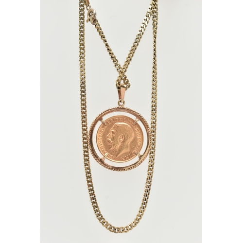 9 - A SOVEREIGN PENDANT AND CHAIN, designed as a George V 1914 full sovereign within a circular 9ct moun... 