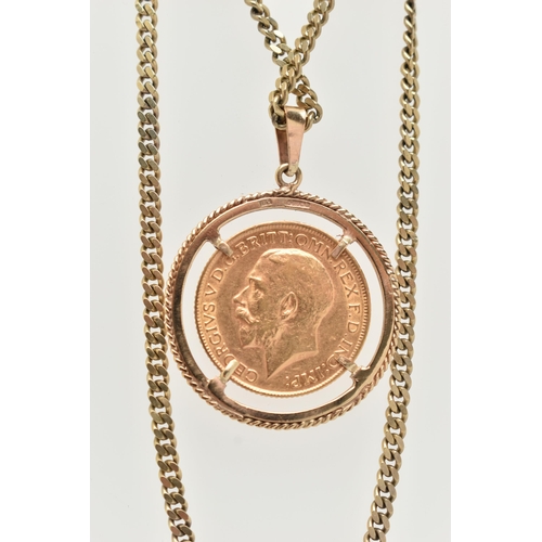 9 - A SOVEREIGN PENDANT AND CHAIN, designed as a George V 1914 full sovereign within a circular 9ct moun... 