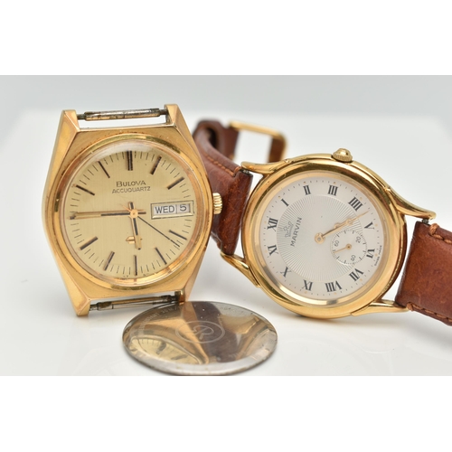 103 - A 'MARVIN' WRISTWATCH AND 'BULOVA' WATCH HEAD, quartz movement, round dial signed 'Marvin', Roman nu... 