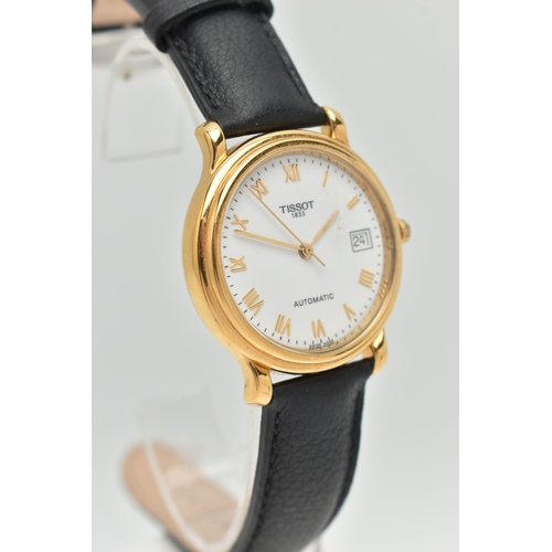 105 - AN 18CT GOLD 'TISSOT' WRISTWATCH, automatic movement, round white dial signed 'Tissot' automatic, Ro... 