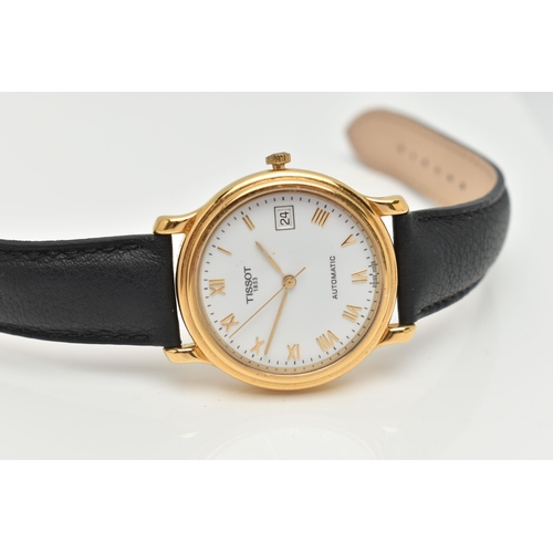 105 - AN 18CT GOLD 'TISSOT' WRISTWATCH, automatic movement, round white dial signed 'Tissot' automatic, Ro... 