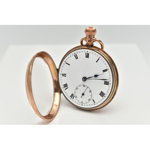 106 - A 9CT GOLD OPEN FACE POCKET WATCH, hand wound movement, white round dial, Roman numerals, subsidiary... 