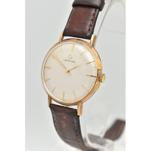 108 - A YELLOW METAL 'CERTINA' WRISTWATCH, hand wound movement, round rial signed 'Certina', baton marker,... 