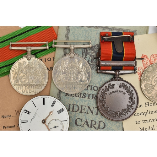 114 - AN ASSORTMENT OF WWII MEDALS AND NATIONAL REGISTRATION IDENTITY CARDS, three service medals, a comme... 