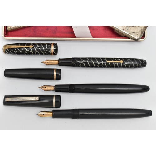 116 - SIX PENS, to include a Sheaffer pen and retractable pencil set with engraved scrolling foliage decor... 