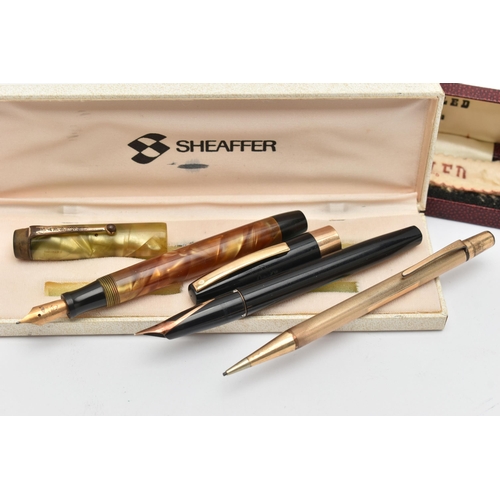 117 - THREE PENS, to include a Parker Victory fountain pen with 14k nib, a Sheaffer fountain pen with 14K ... 