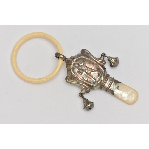 72 - A SILVER PETER PAN BABY RATTLE, embossed portrait of Peter Pan, fitted with two bells, a bone teethi... 