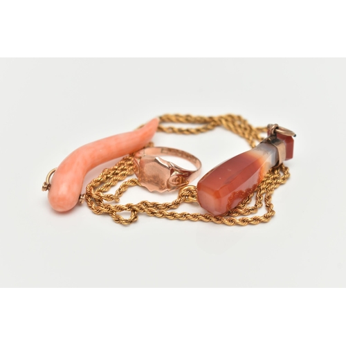 74 - FOUR ITEMS OF JEWELLERY, to include a carved coral Italian horn pendant, fitted with a yellow metal ... 