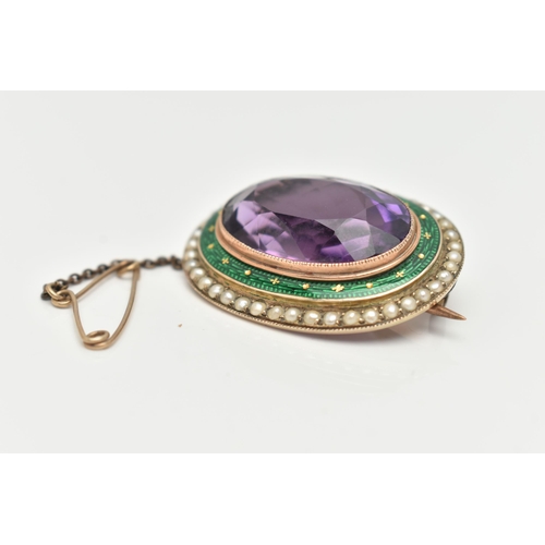 76 - A YELLOW METAL GEM AND ENAMEL BROOCH, of an oval form, set with a large oval cut amethyst, within a ... 