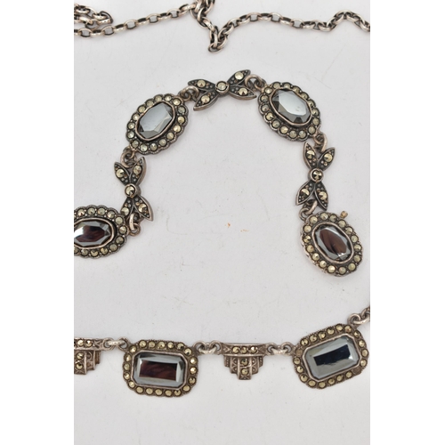 78 - A SILVER BRACELET AND NECKLACE, the bracelet comprised of five oval links, interspaced between five ... 