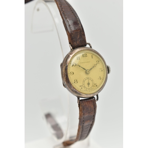 79 - A SILVER CASED WRISTWATCH, hand wound movement, round dial signed 'Ham & Huddy', Arabic numerals, se... 