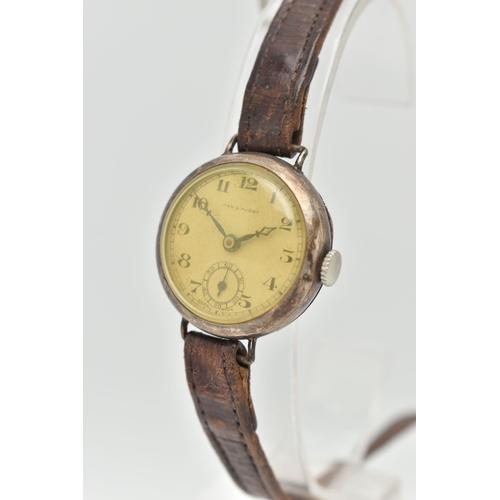 79 - A SILVER CASED WRISTWATCH, hand wound movement, round dial signed 'Ham & Huddy', Arabic numerals, se... 