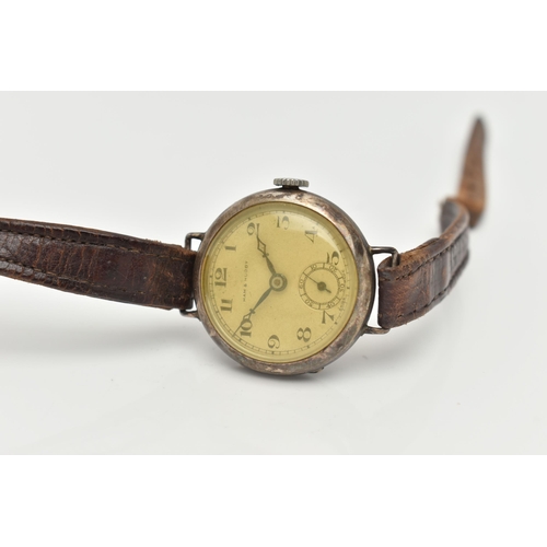 79 - A SILVER CASED WRISTWATCH, hand wound movement, round dial signed 'Ham & Huddy', Arabic numerals, se... 