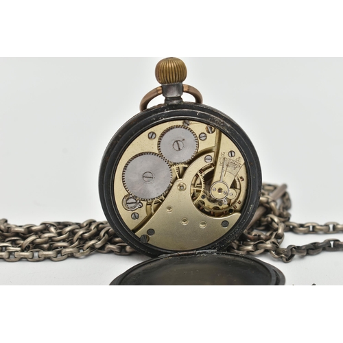 80 - A OPEN FACE POCKET WATCH AND ALBERT CHAIN, hand wound movement, white dial, Arabic numerals, subsidi... 