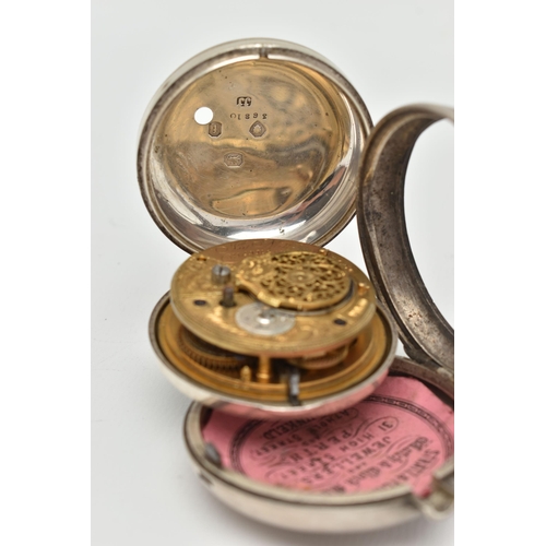 82 - A SILVER POCKET WATCH WITH A SILVER PARING CASE, key wound movement, round white dial, Roman numeral... 