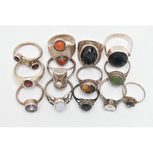 87 - ASSORTED WHITE METAL RINGS, to include thirteen rings in total, four with silver hallmarks, approxim... 