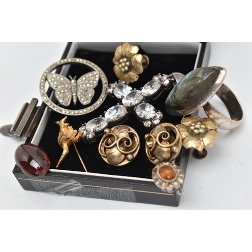 88 - ASSORTED JEWELLERY, to include a white metal labradorite ring, stamped 925, a white metal marcasite ... 