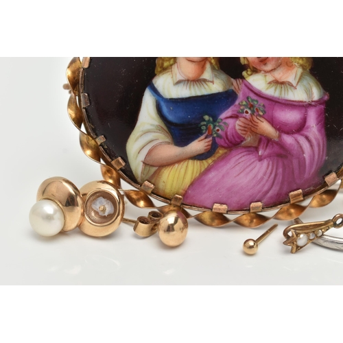 89 - ASSORTED JEWELLERY, to include a painted portrait brooch, in a yellow metal rope twist surround, sta... 