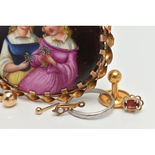 89 - ASSORTED JEWELLERY, to include a painted portrait brooch, in a yellow metal rope twist surround, sta... 