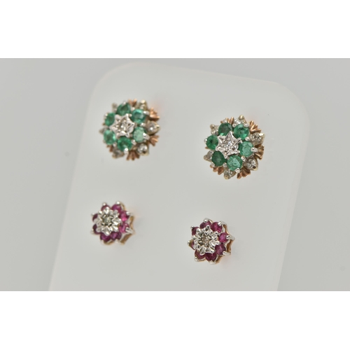 92 - TWO PAIRS OF GEM SET EARRINGS, the first a pair of 9ct gold ruby and diamond cluster stud earrings, ... 